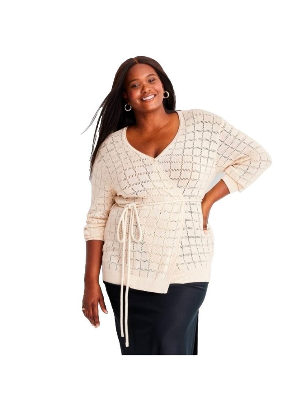Future Collective Open Knit Pointelle Tie Front Cream Color Cardigan -- 2X 20/22